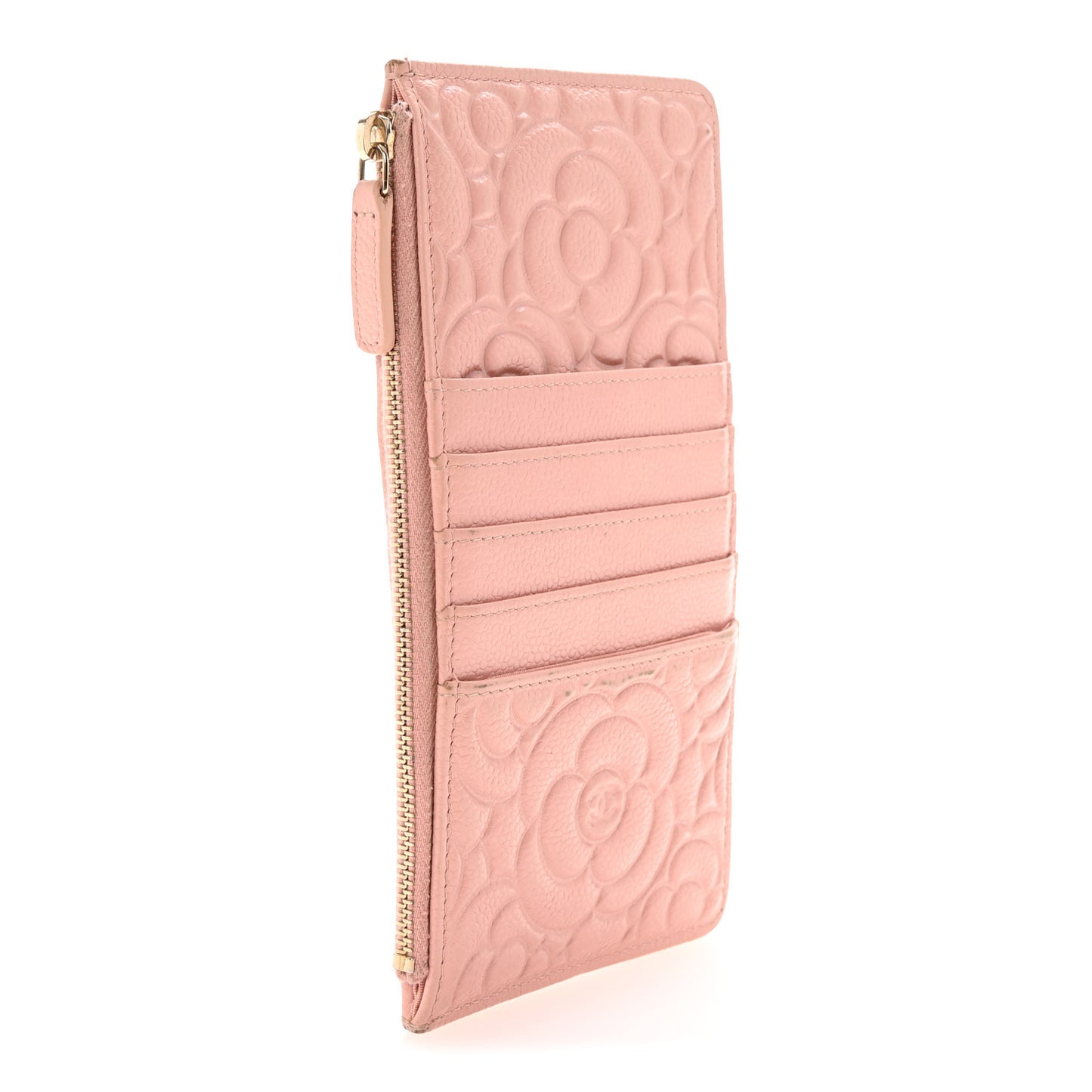 Caviar Camellia Embossed Classic Flat Wallet Pouch Pink