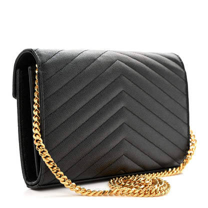 Saint Laurent Grain De Poudre Matelasse Chevron Monogram Chain Wallet Black 3 of 11