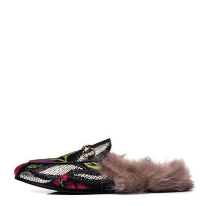 Gucci Brocade Fur Floral Womens Princetown Slippers 37 Black Anthracite 1 of 6