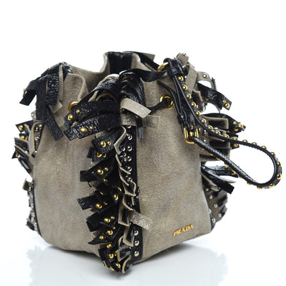 Prada Crackled Calfskin Studded Fringe Wristlet Pouch Talco Black 3 of 11