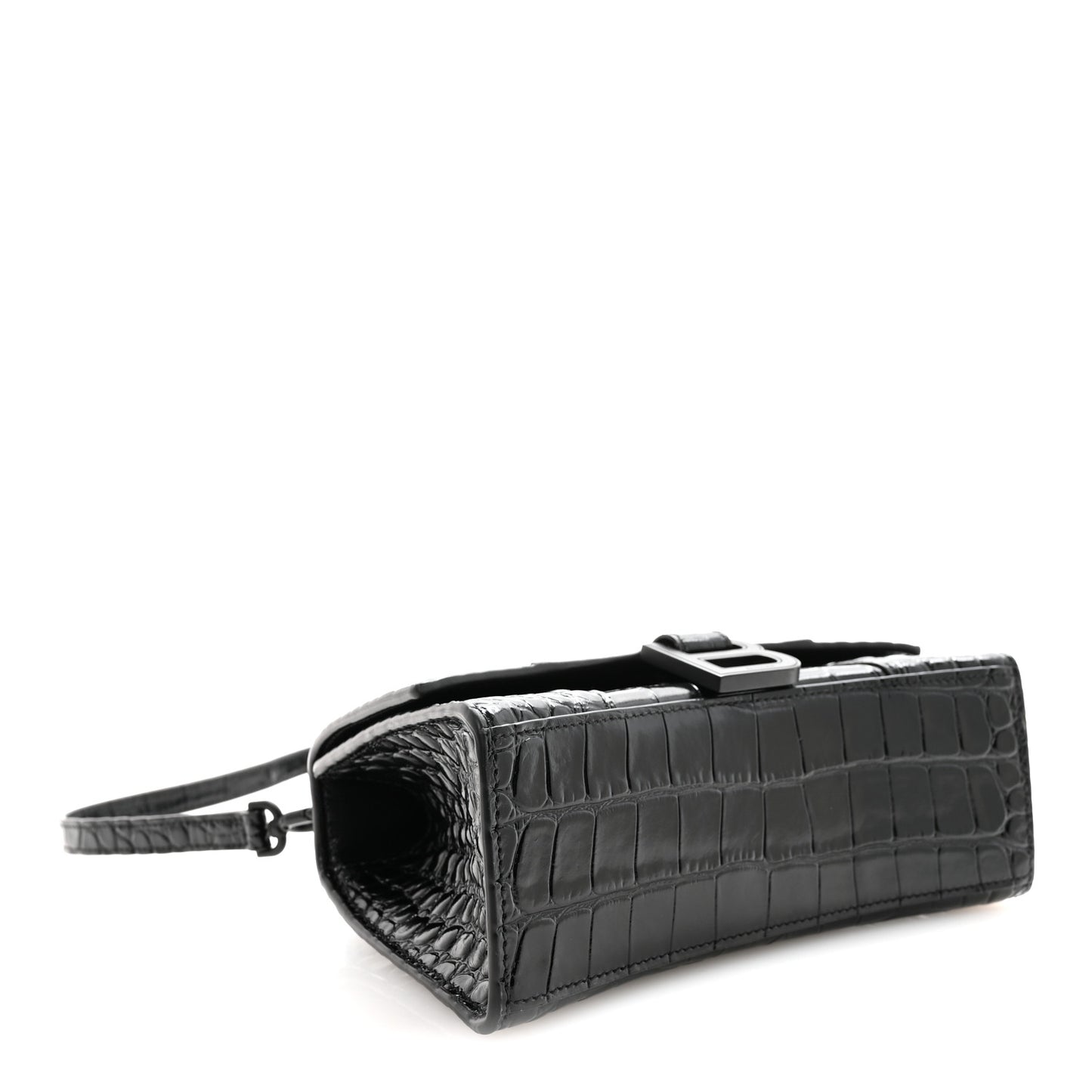 Shiny Calfskin Monochrome Crocodile Embossed Hourglass Top Handle Bag XS Black
