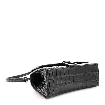 Balenciaga Shiny Calfskin Monochrome Crocodile Embossed Hourglass Top Handle Bag XS Black 4 of 9