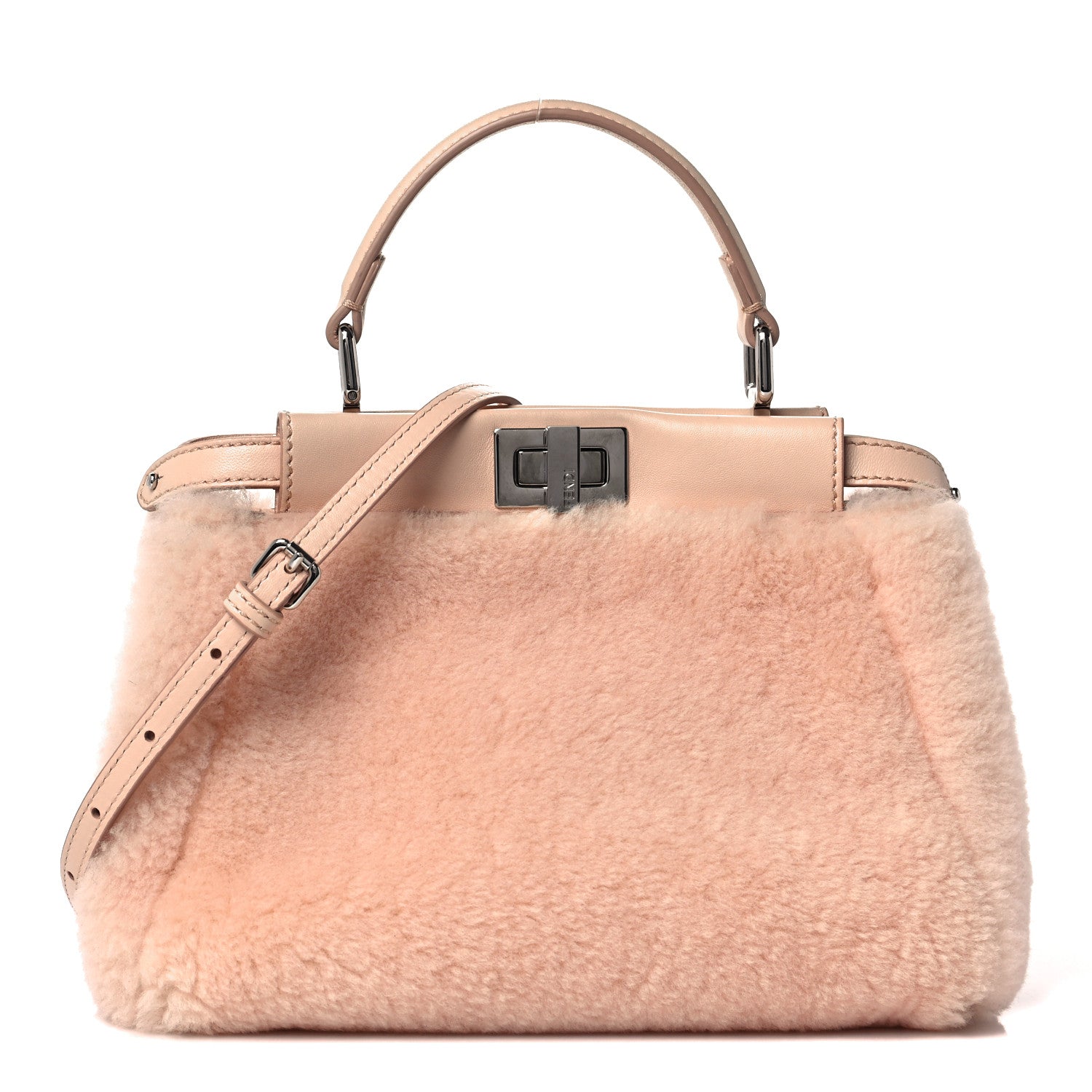 Fendi Shearling Shiny Nappa Mini Peekaboo Iconic Satchel Light Rose 1 of 8