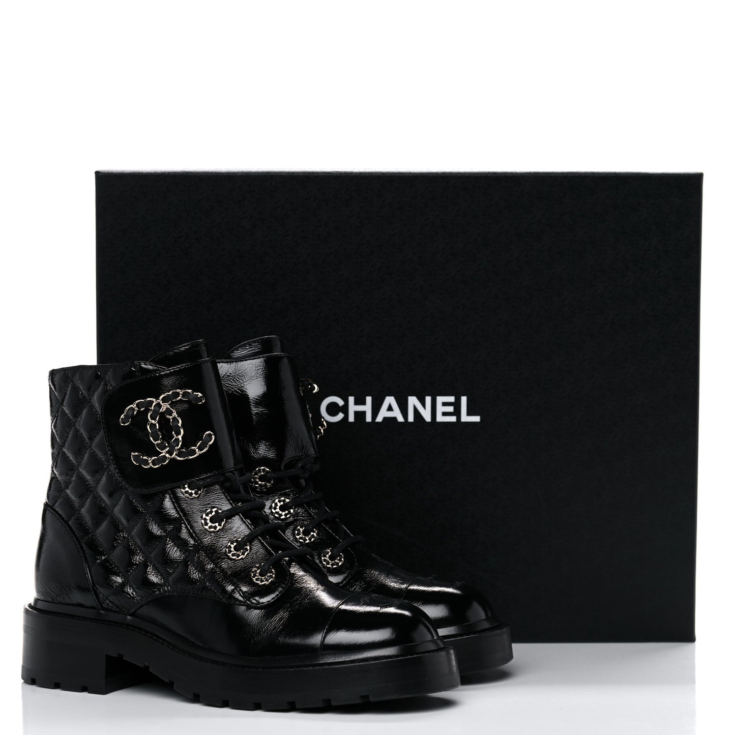 Shiny Calfskin Quilted Lace Up Combat Boots 37 Black