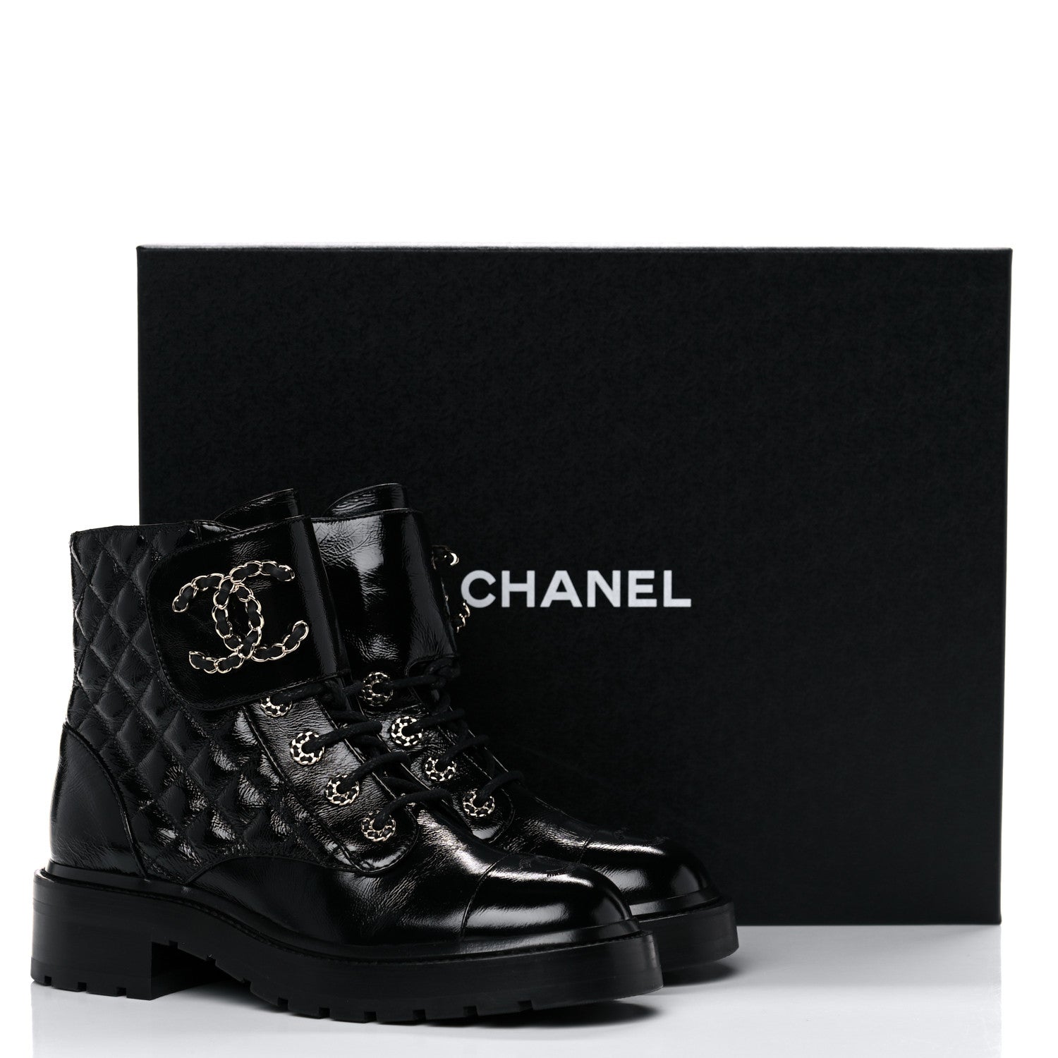 Chanel Shiny Calfskin Quilted Lace Up Combat Boots 37 Black 13 of 13
