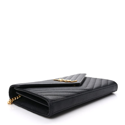 Saint Laurent Grain De Poudre Matelasse Chevron Monogram Chain Wallet Black 4 of 11