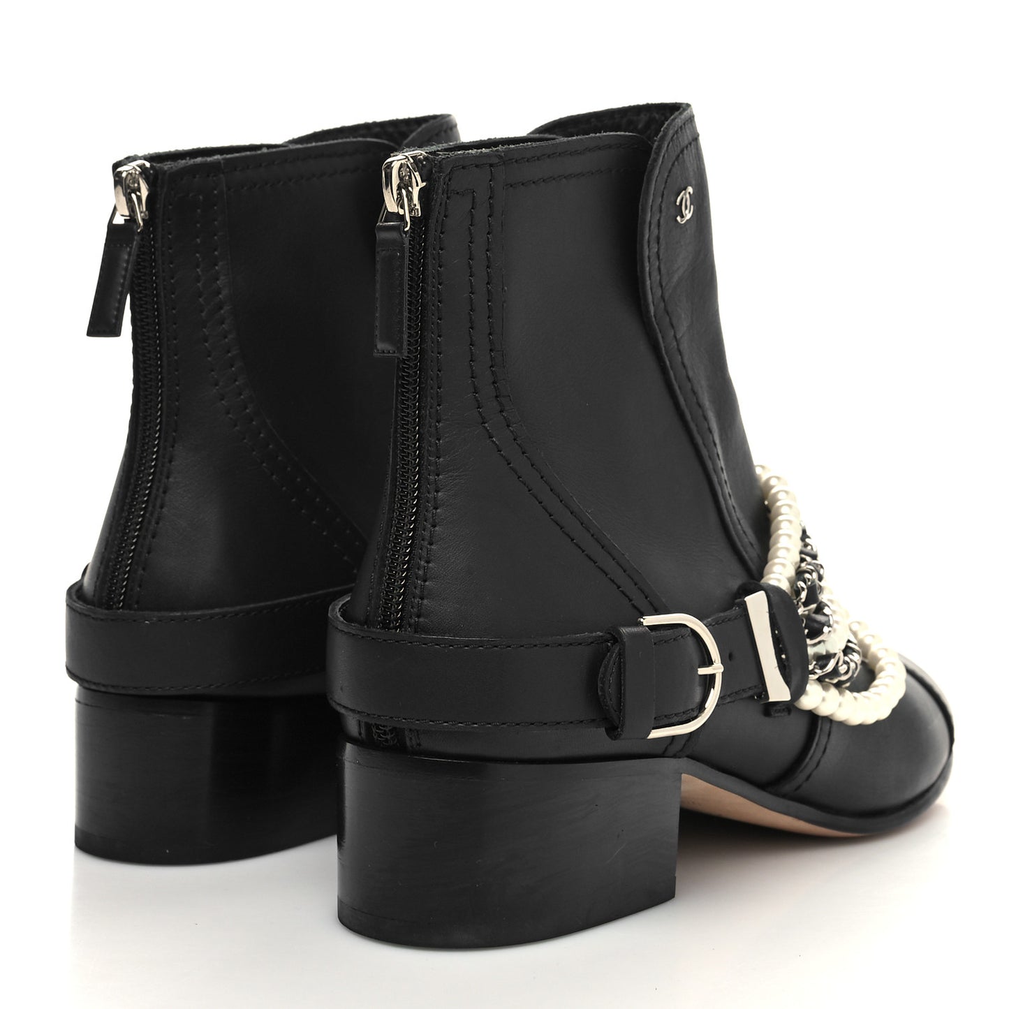 Calfskin Pearl Cap Toe Short Boots 39 Black