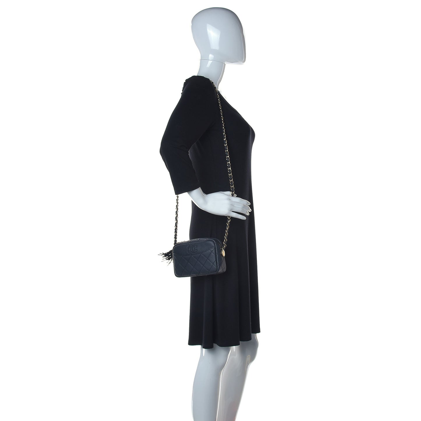Caviar Quilted Mini Coco Tassel Camera Case Black