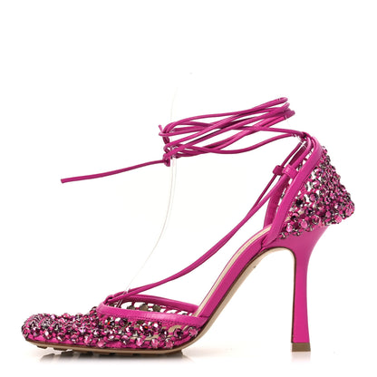 Bottega Veneta Mesh Nappa Crystal Embellished Sparkle Stretch Ankle Tie 90mm Sandals 37.5 Hollyhock 1 of 10