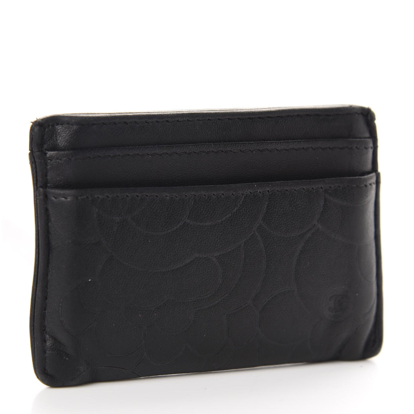 Lambskin Camellia Embossed Card Holder Black