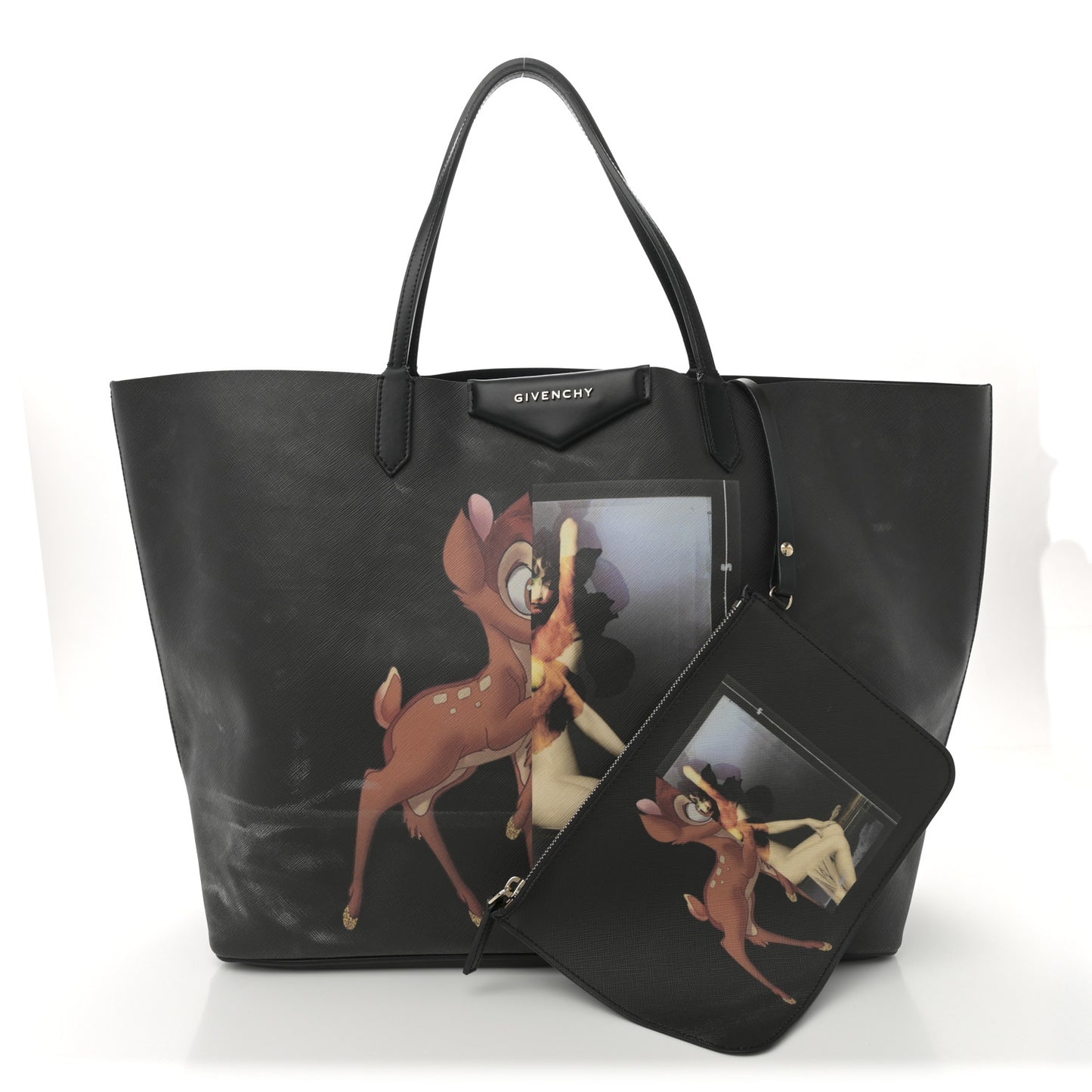 Textured Coated Canvas Bambi Print Large Antigona Tote Black
