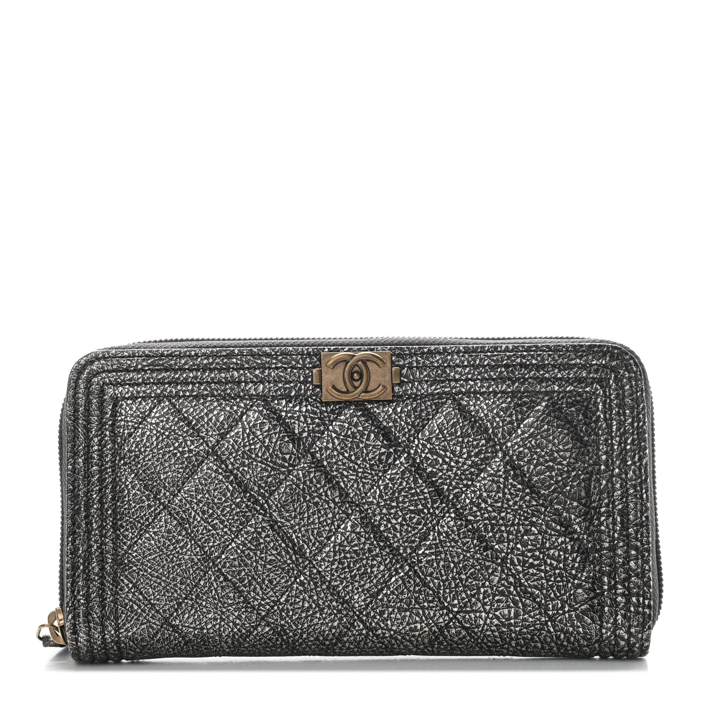 Cracked Metallic Calfskin Quilted Boy Long Zip Around Wallet Dark Silver
