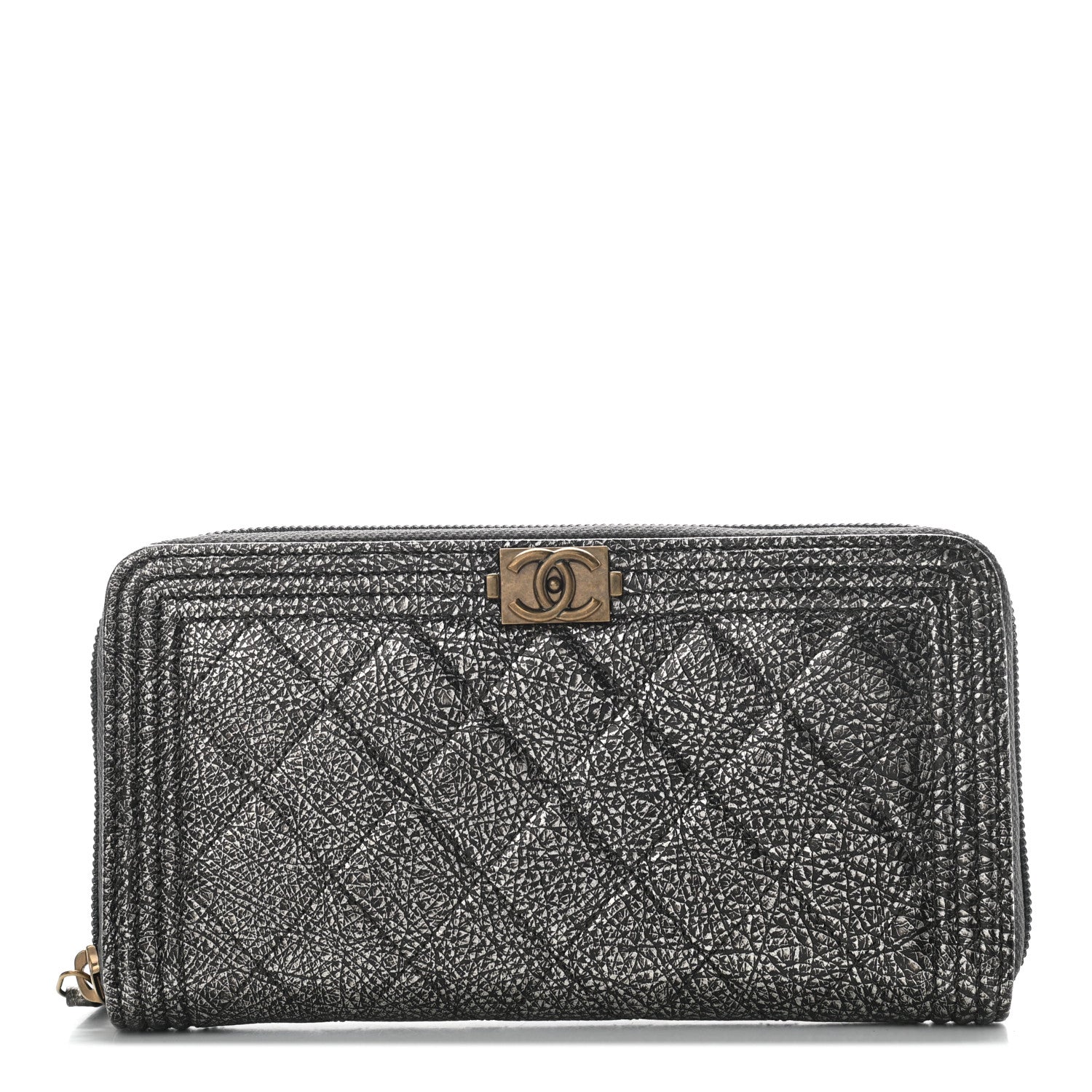 Chanel Cracked Metallic Calfskin Quilted Boy Long Zip Around Wallet Dark Silver 1 of 8