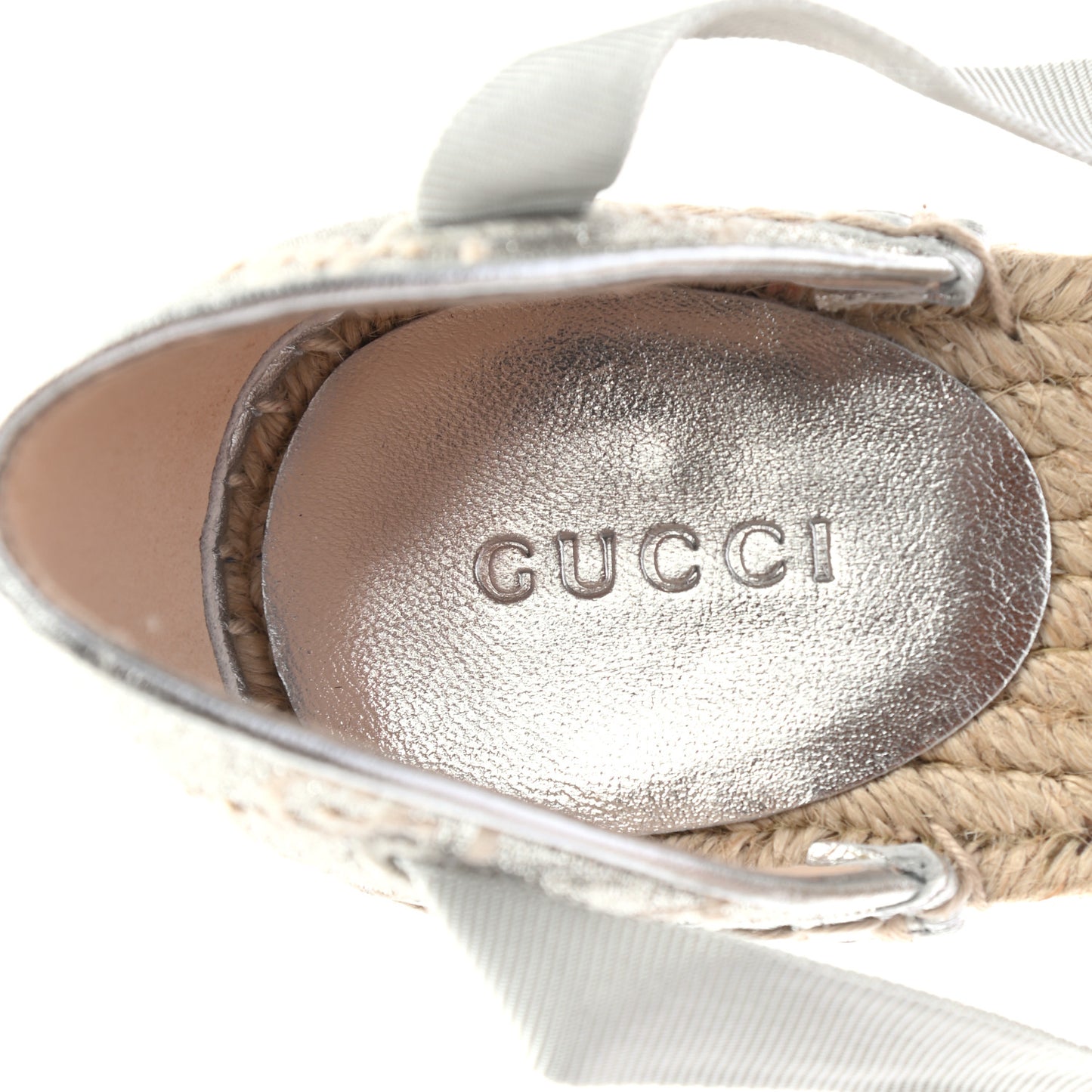 Lame GG Monogram Ankle Wrap Platform Espadrille Wedges 37 Silver Beige Light Grey