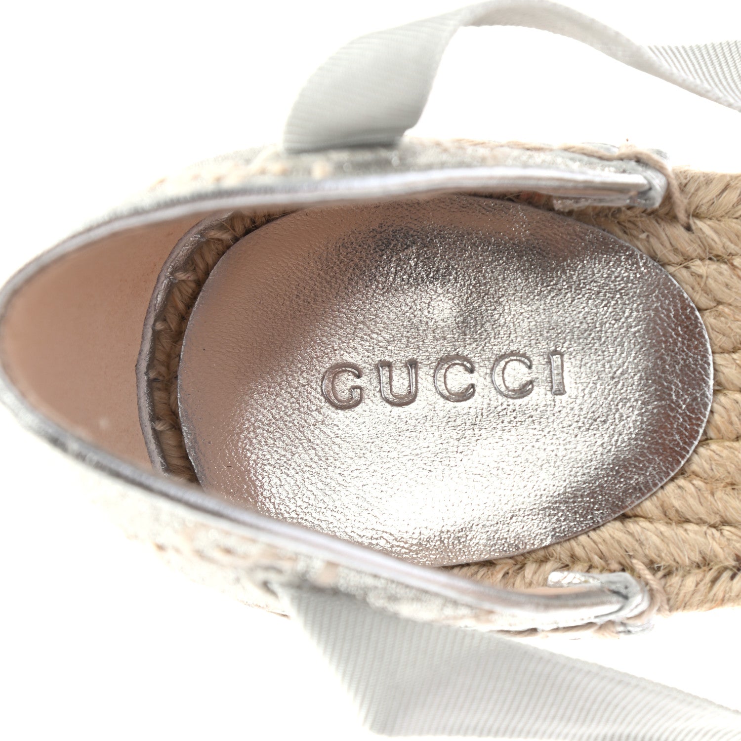 Gucci Lame GG Monogram Ankle Wrap Platform Espadrille Wedges 37 Silver Beige Light Grey 6 of 8