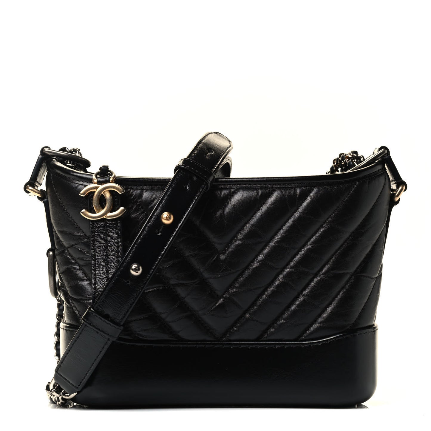 Aged Calfskin Chevron Quilted Small Gabrielle Hobo Black