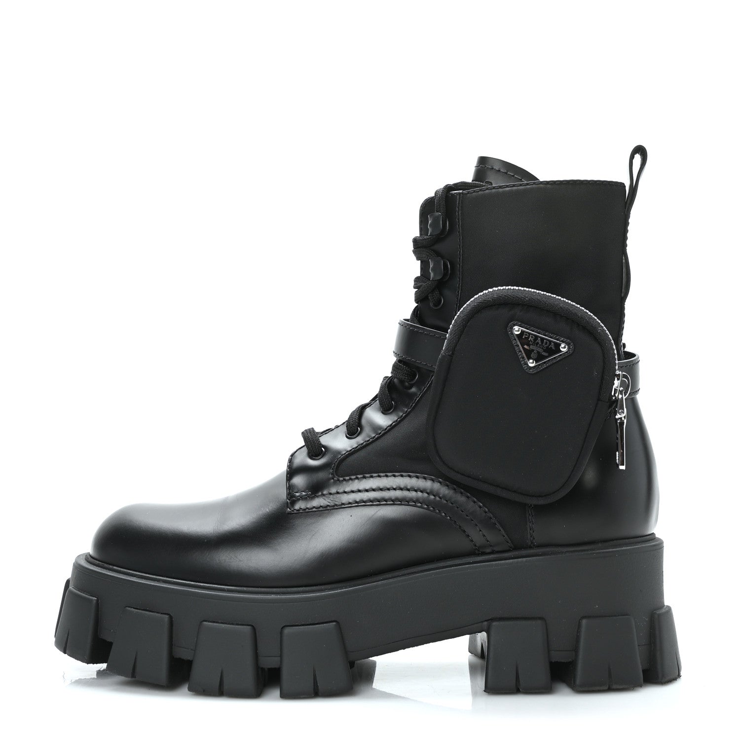 Prada Spazzolato Rois Nylon Metal Triangle Logo Monolith Pouch Pocket 55mm Boots 41 Black 1 of 9