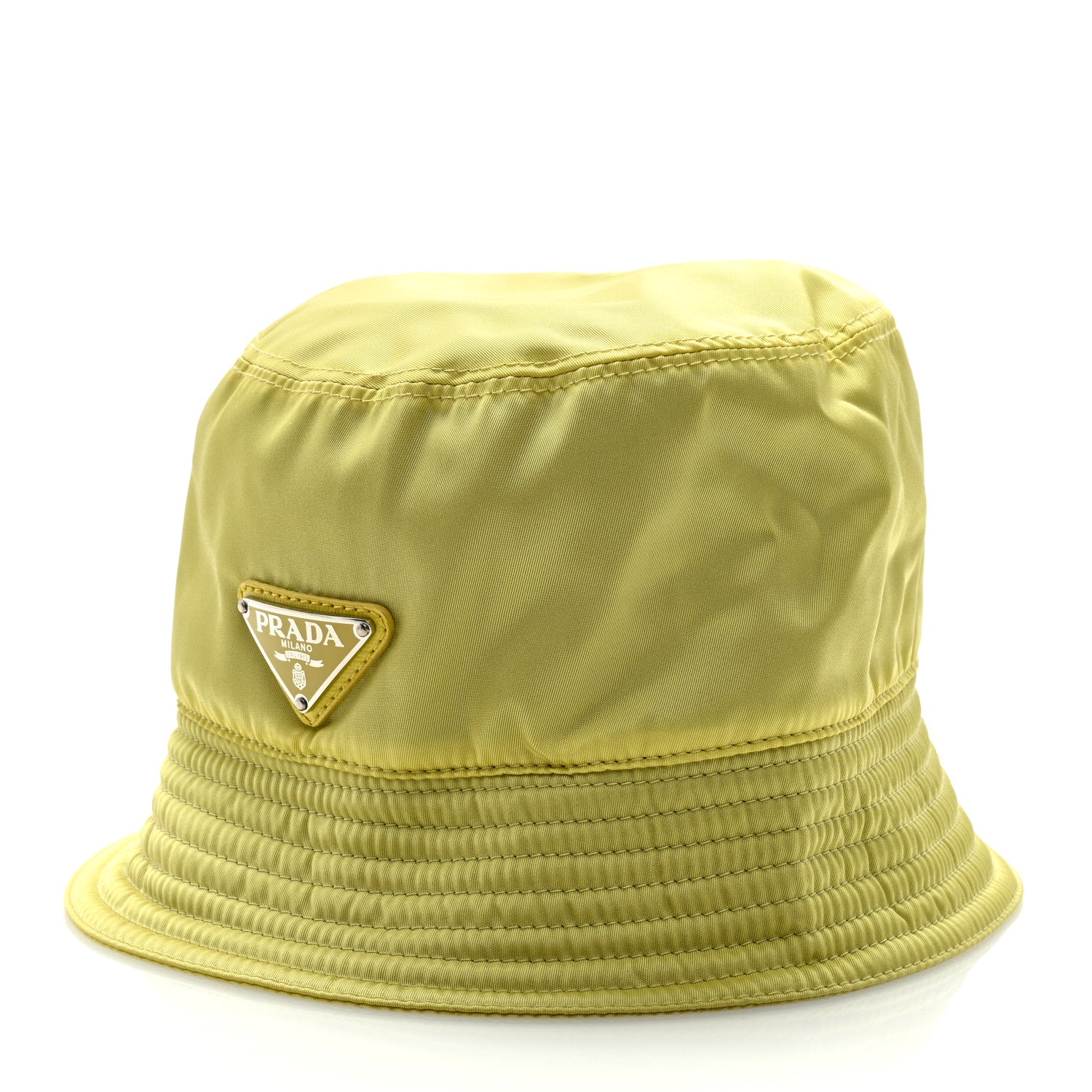 Prada Re-Nylon Metal Triangle Logo Womens Bucket Hat S Neon Yellow 2 of 7