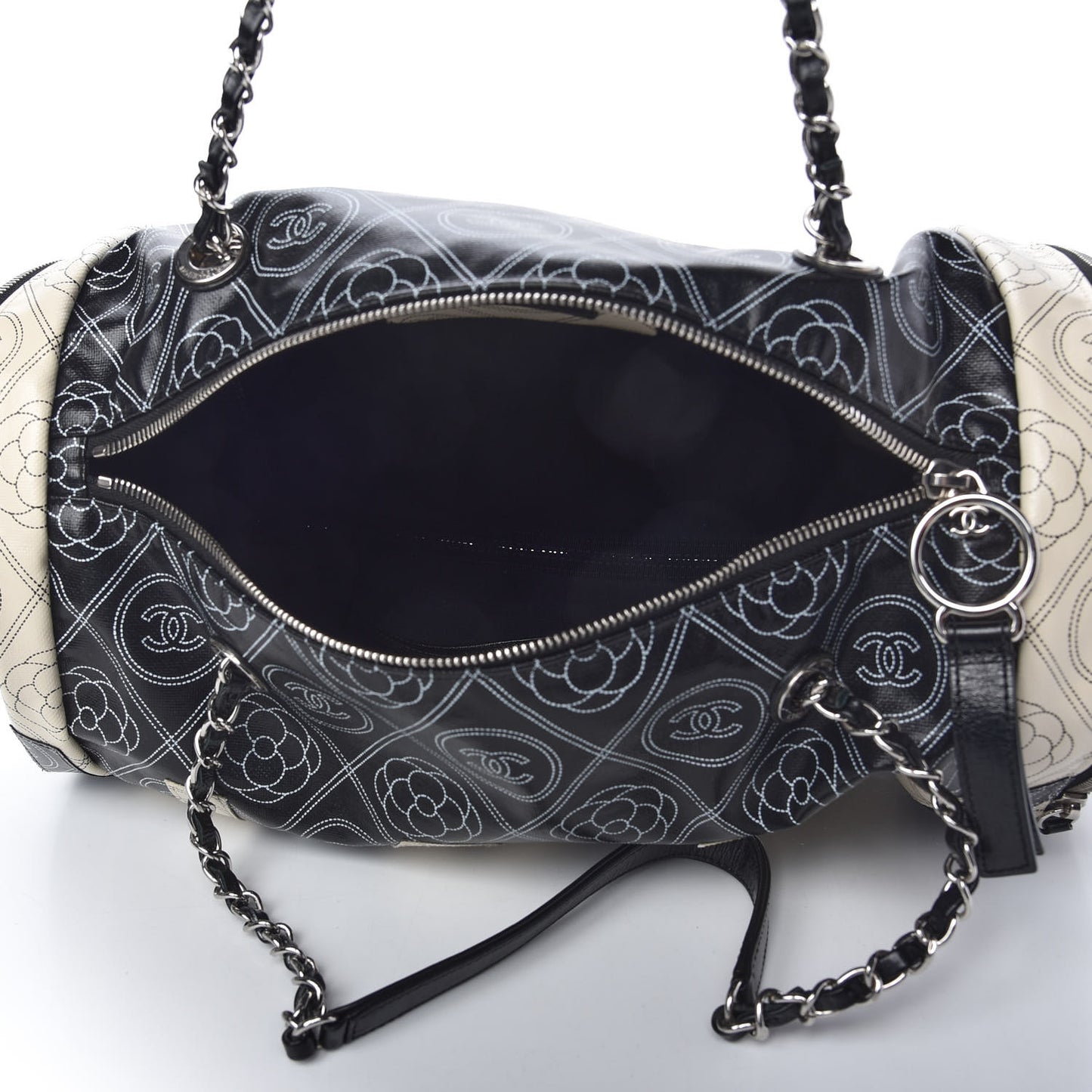 Coated Canvas Camellia Printed Calfskin Bowling Bag Black Beige