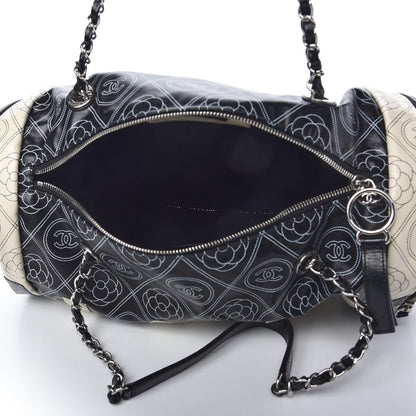 Chanel Coated Canvas Camellia Printed Calfskin Bowling Bag Black Beige 6 of 11