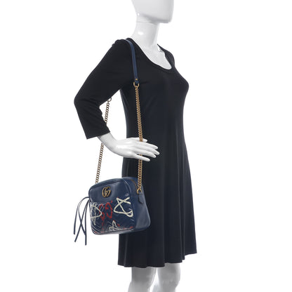 Gucci Calfskin Matelasse GucciGhost Medium GG Marmont Chain Shoulder Bag Blue Agata Hibiscus Red 2 of 8