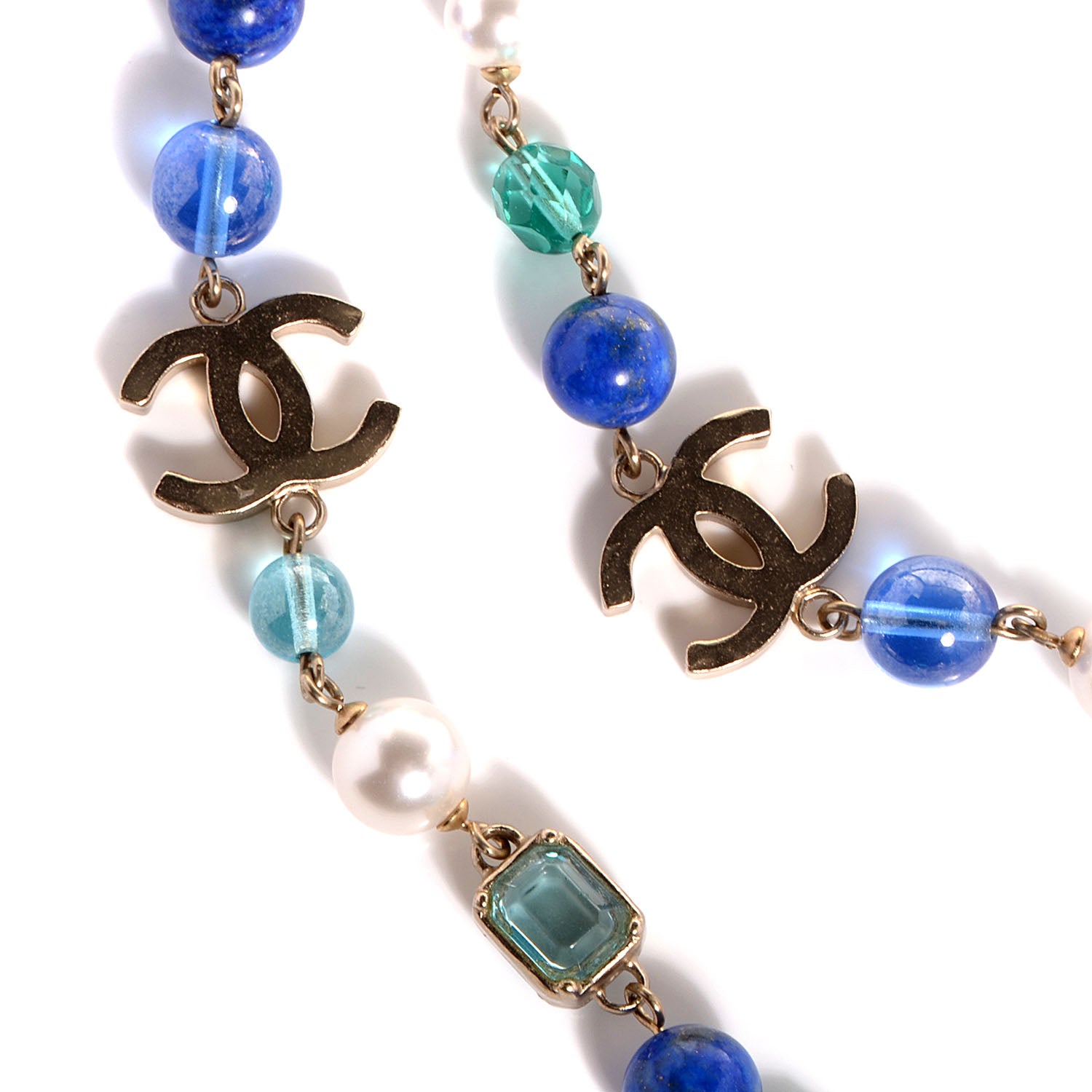 Chanel Beaded Pearl CC Long Strand Necklace Gold Blue White 3 of 6