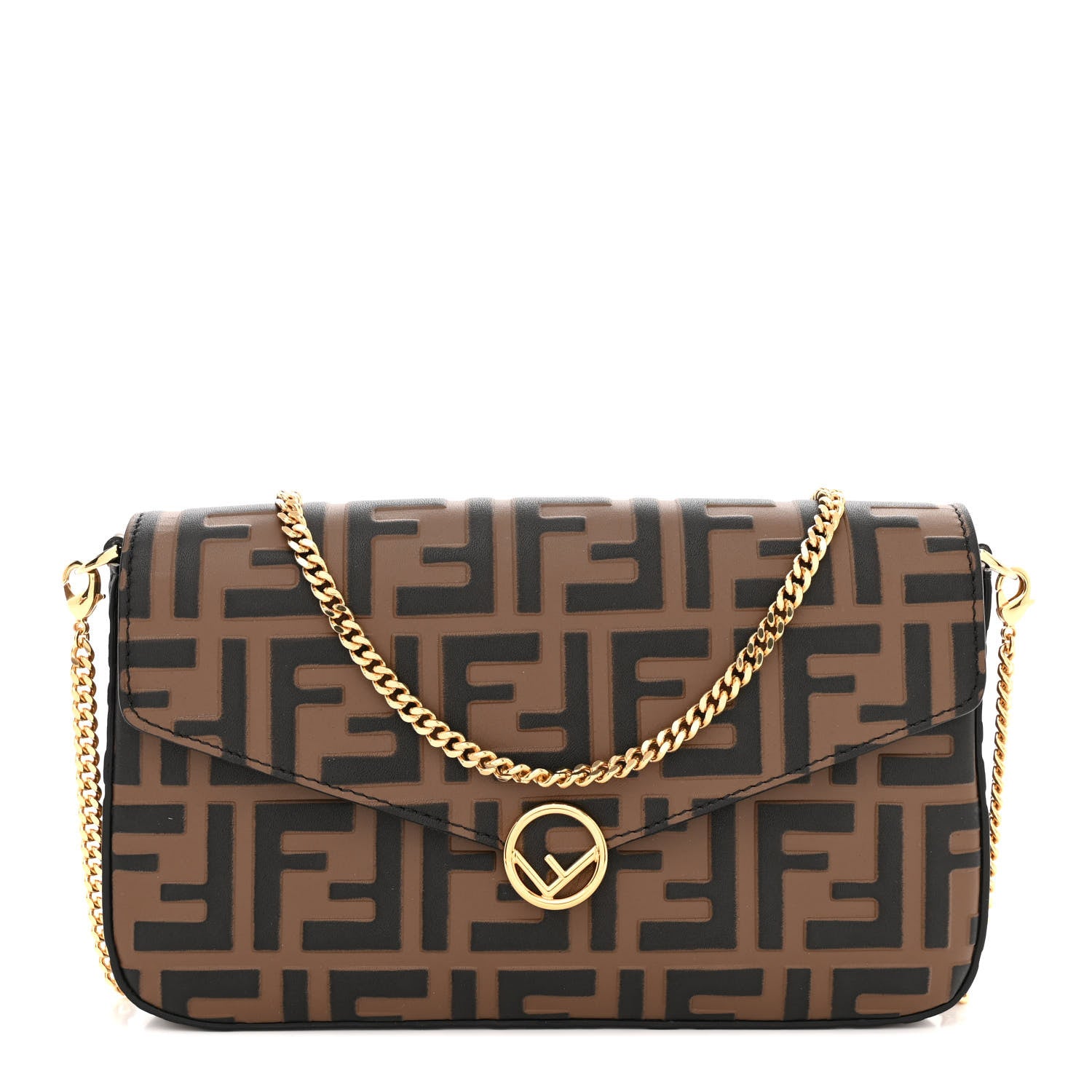 Fendi Vitello Soft F is Fendi Bi-Color FF 1974 Embossed Envelope Wallet On Chain with Pouches Maya Black 1 of 13