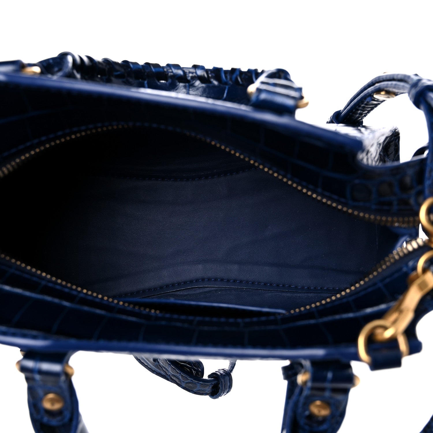 Balenciaga Shiny Supple Calfskin Crocodile Embossed Neo Classic Gold Hardware Mini City Navy 5 of 12