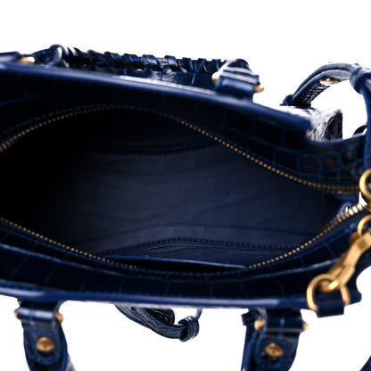 Balenciaga Shiny Supple Calfskin Crocodile Embossed Neo Classic Gold Hardware Mini City Navy 5 of 12