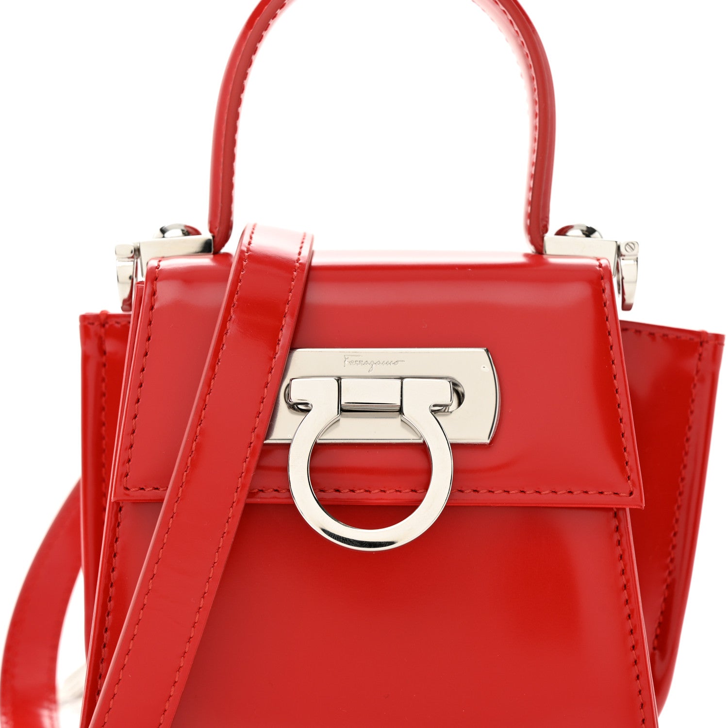 Salvatore Ferragamo Brushed Off Calfskin Micro Iconic Top Handle Bag Flame Red 7 of 9