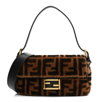 Fendi Shearling Vitello Dolce Macro FF 1974 Baguette Tobacco Black 1 of 10