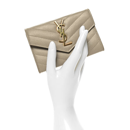 Saint Laurent Grain De Poudre Matelasse Chevron Small Monogram Envelope Wallet Dark Beige 2 of 11