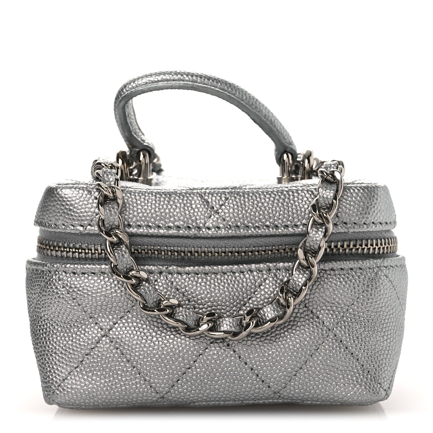Metallic Caviar Quilted Mini Top Handle Vanity With Chain Silver