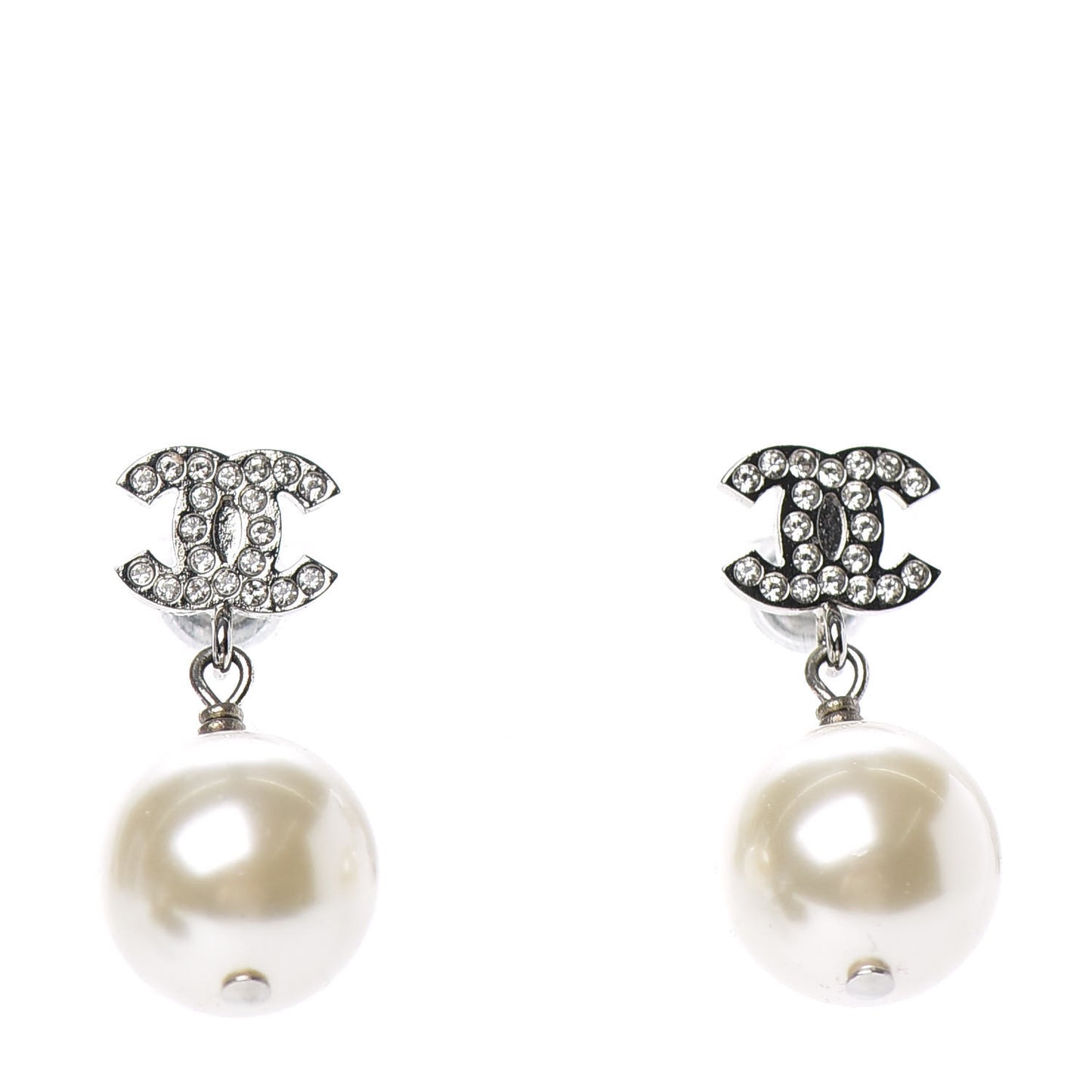Crystal Pearl CC Drop Earrings Silver