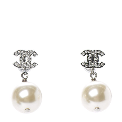 Chanel Crystal Pearl CC Drop Earrings Silver 1 of 4