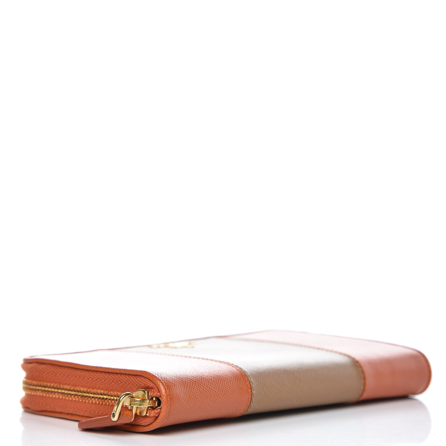 Prada Saffiano Bi-Color Metal Zip Around Wallet Caramel Papaya 3 of 8