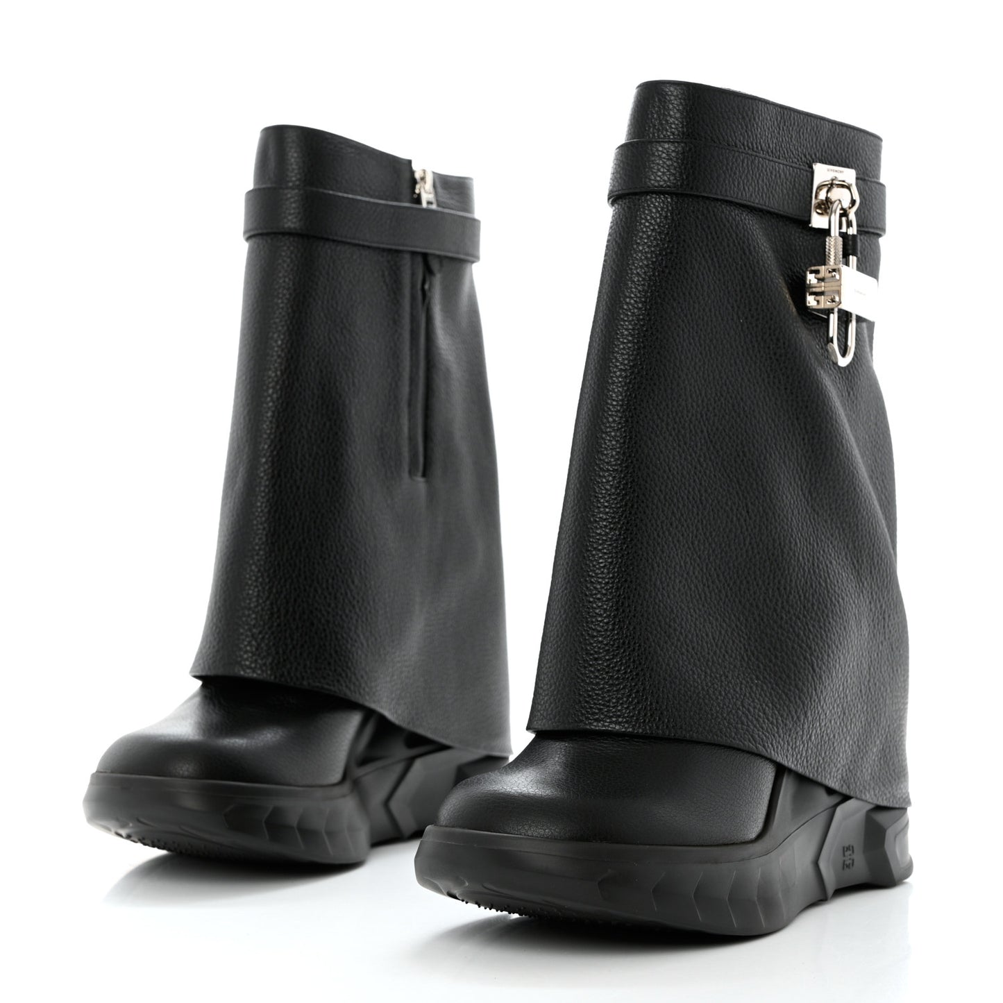 Grained Calfskin Shark Lock Biker Ankle Boots 41 Black
