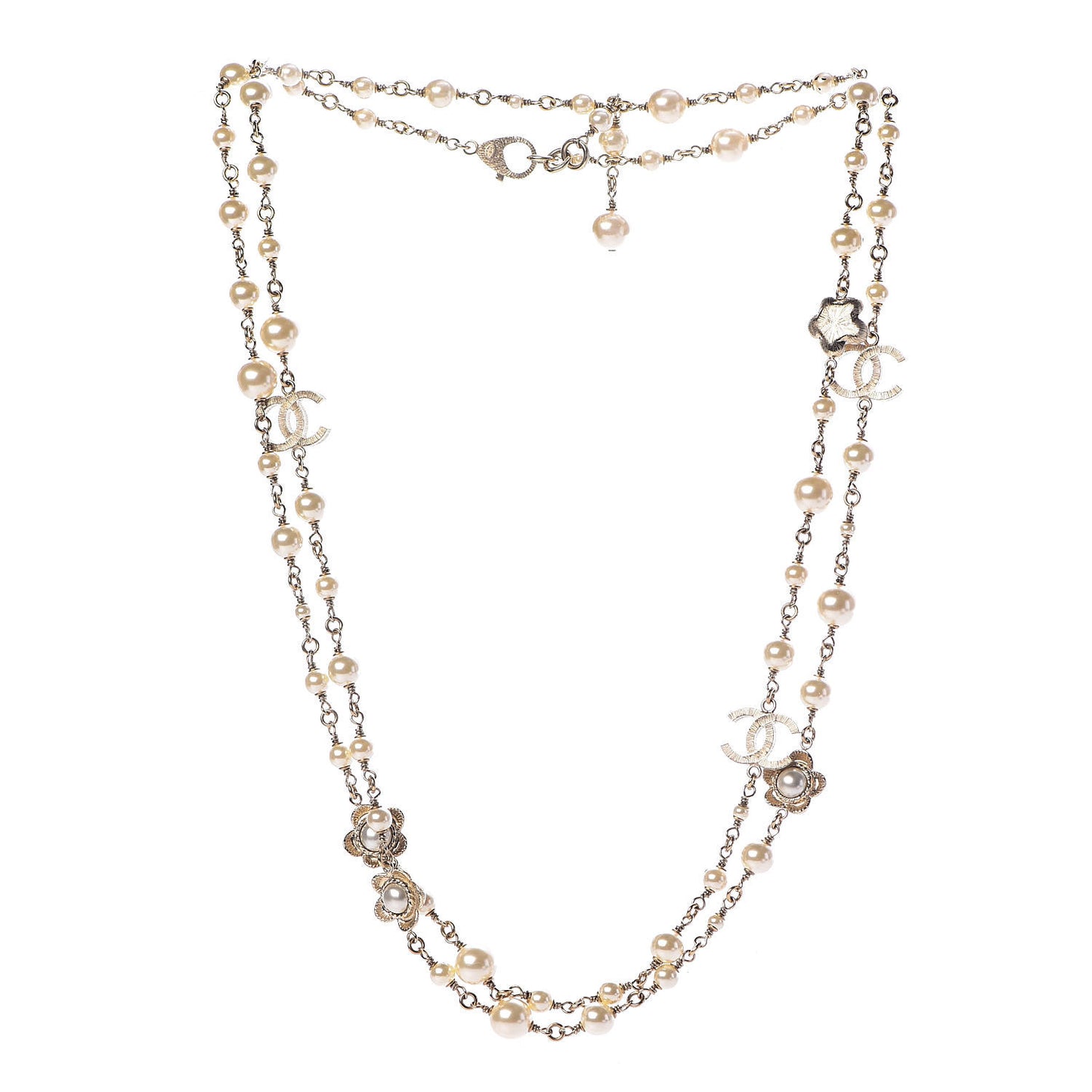 Pearl Crystal Flower CC Long Necklace Golden Pearly White