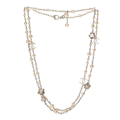 Chanel Pearl Crystal Flower CC Long Necklace Golden Pearly White 3 of 5