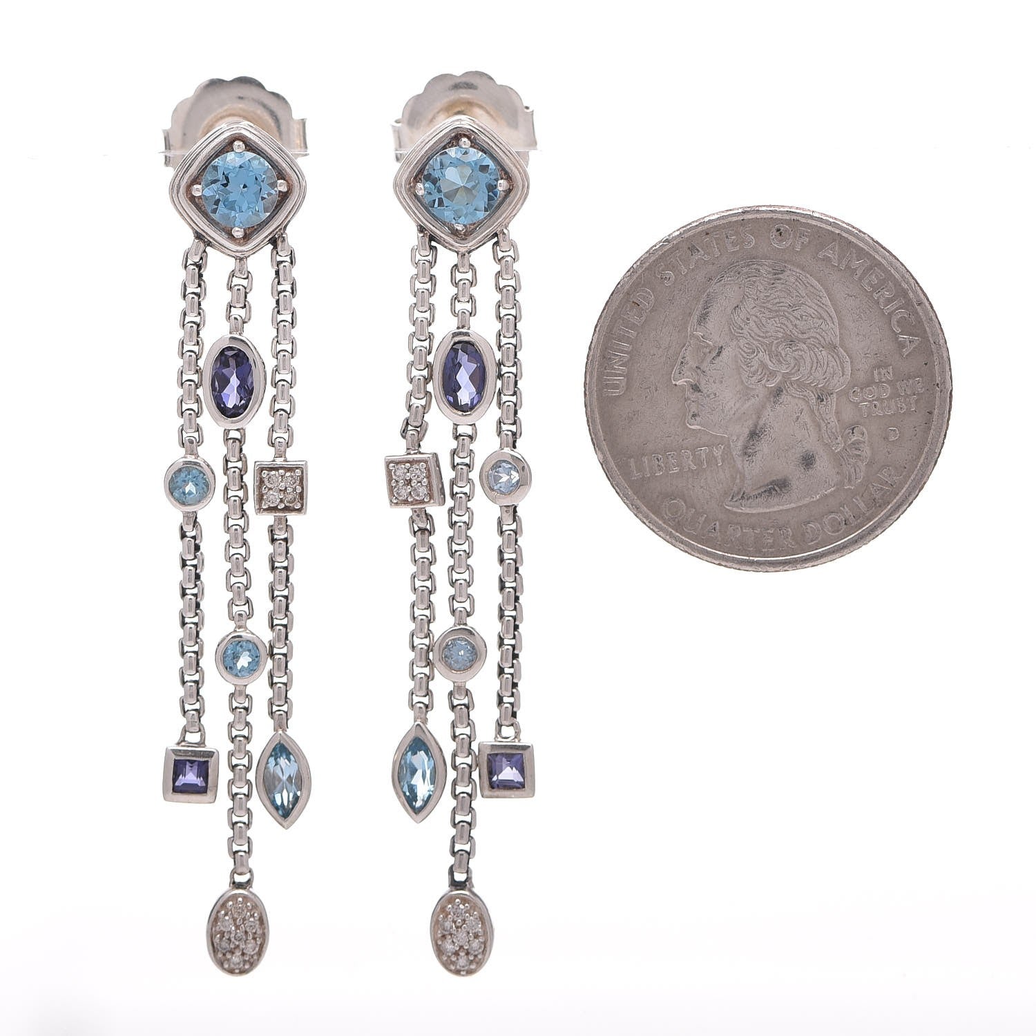 David Yurman Sterling Silver Diamond Blue Topaz Iolite Confetti 3 Row Tassel Earrings 2 of 9