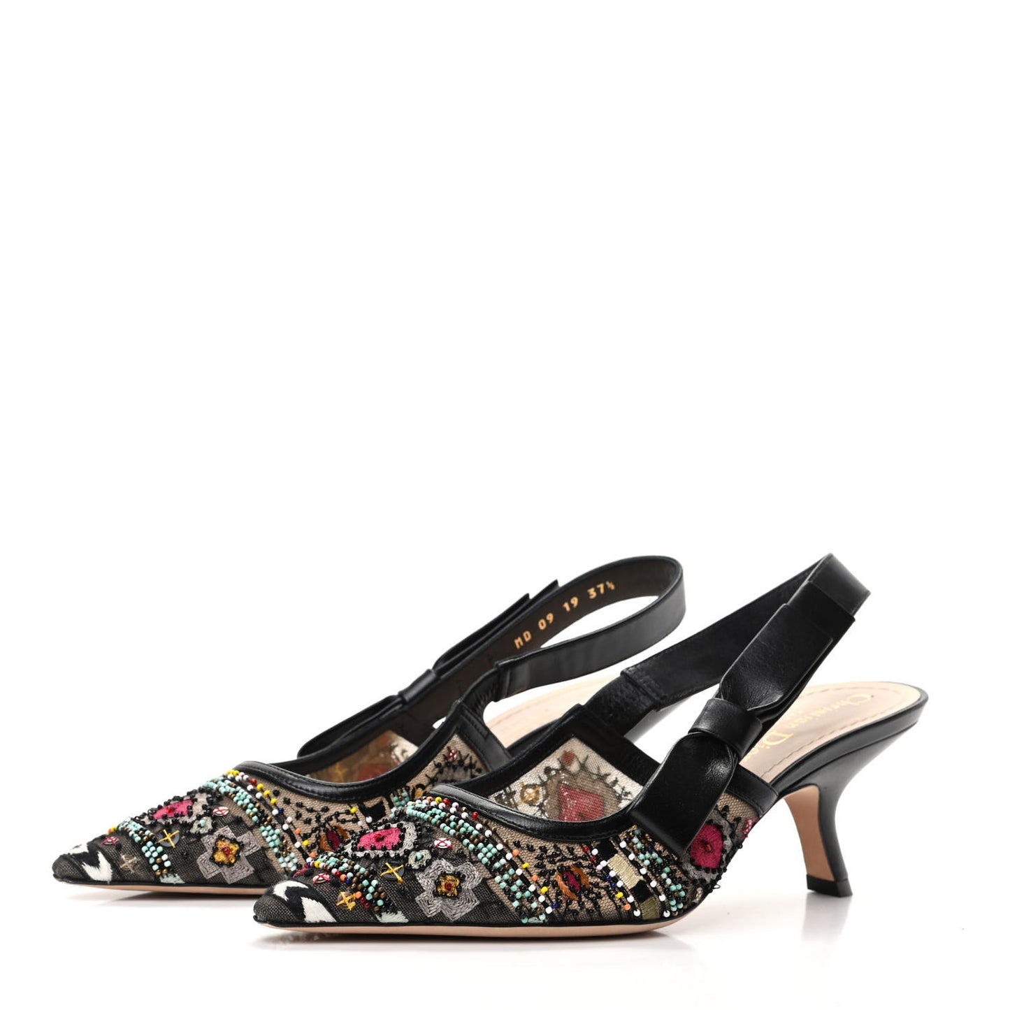 Embroidered Calfskin Beaded Sweet D Sling-Back Pumps 37.5 Black Turquoise