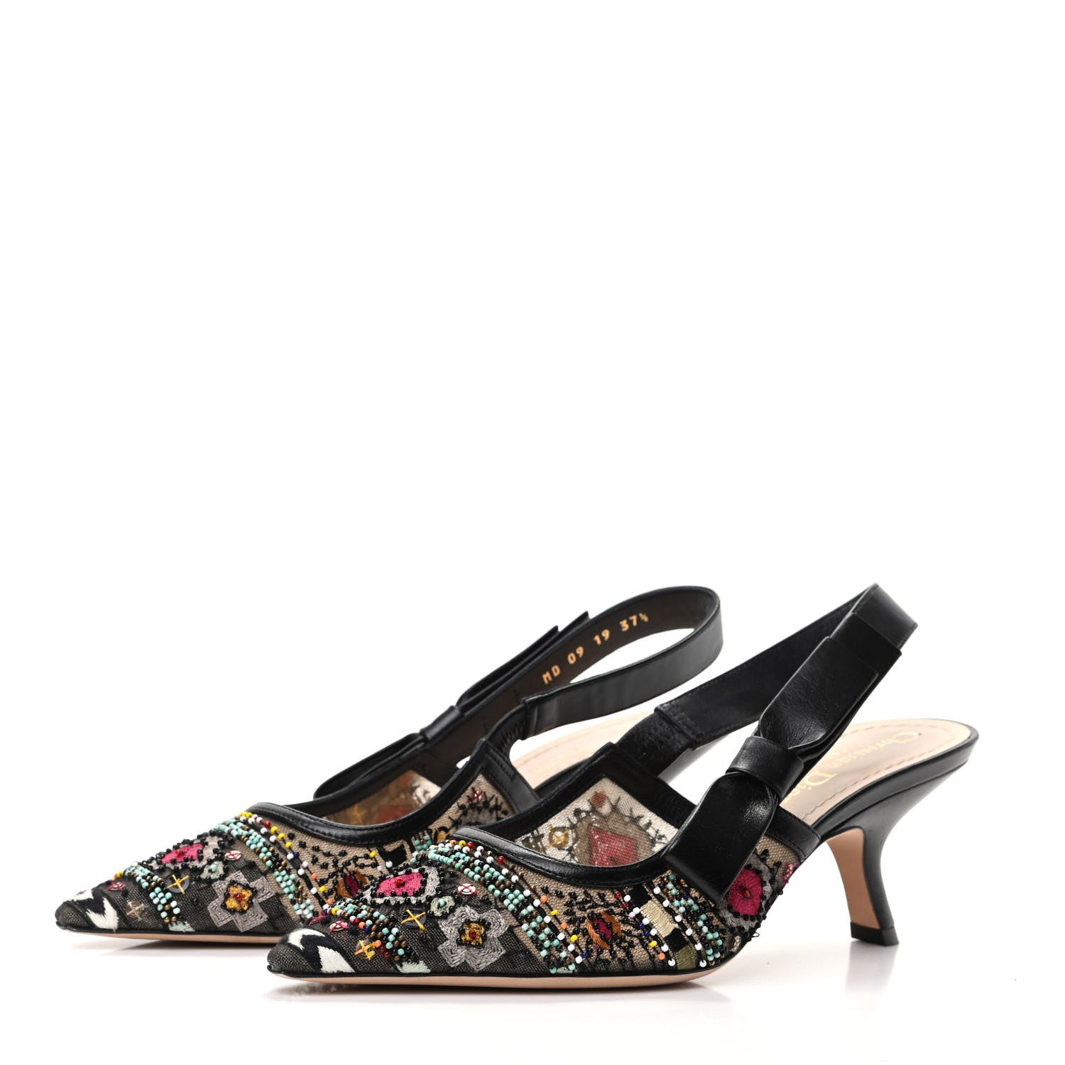 Christian Dior Embroidered Calfskin Beaded Sweet D Sling-Back Pumps 37.5 Black Turquoise 3 of 8