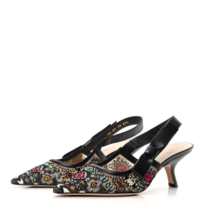 Christian Dior Embroidered Calfskin Beaded Sweet D Sling-Back Pumps 37.5 Black Turquoise 3 of 8