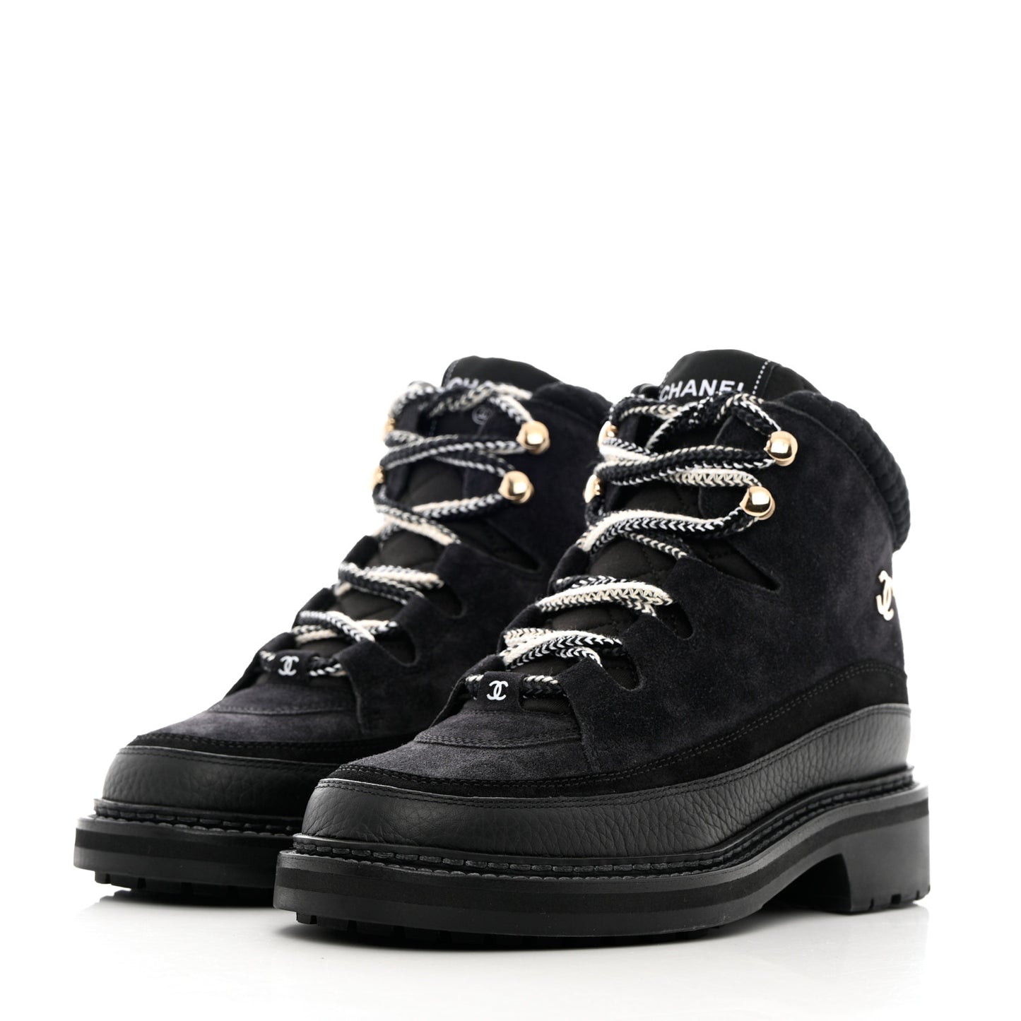 Suede Grained Calfskin CC Lace Up Boots 37 Black