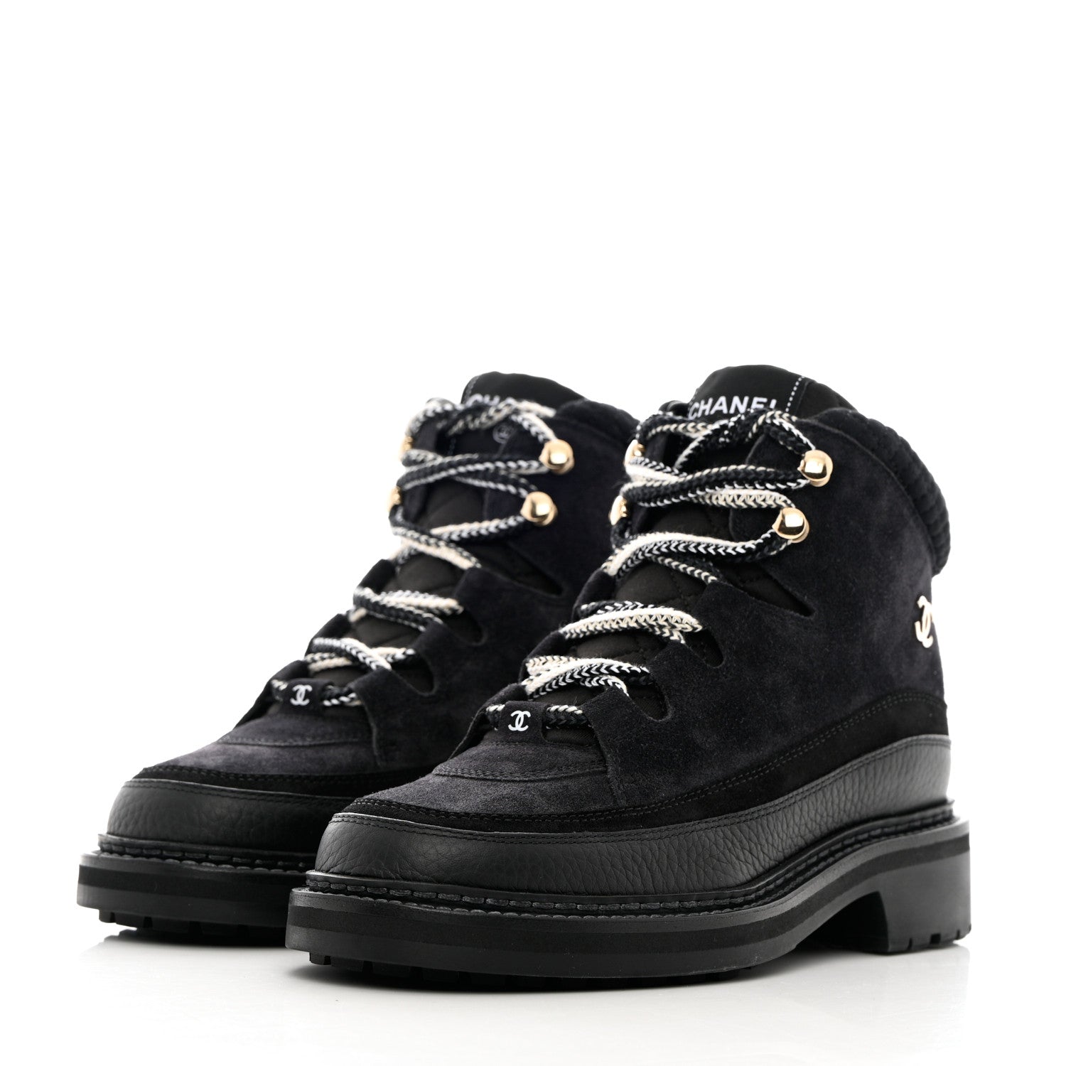Chanel Suede Grained Calfskin CC Lace Up Boots 37 Black 3 of 11