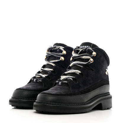Chanel Suede Grained Calfskin CC Lace Up Boots 37 Black 3 of 11