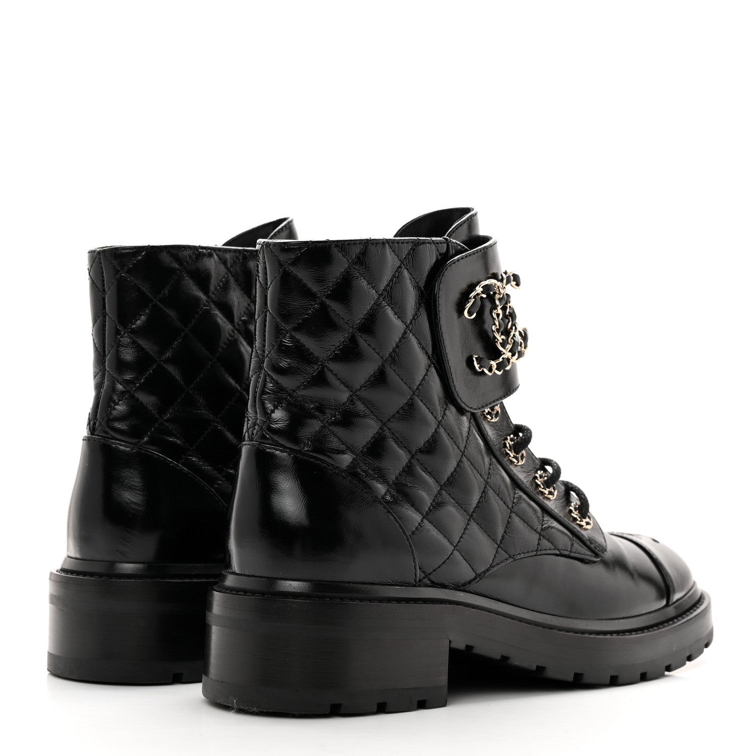 Chanel Shiny Calfskin Quilted Lace Up Combat Boots 38.5 Black 4 of 9