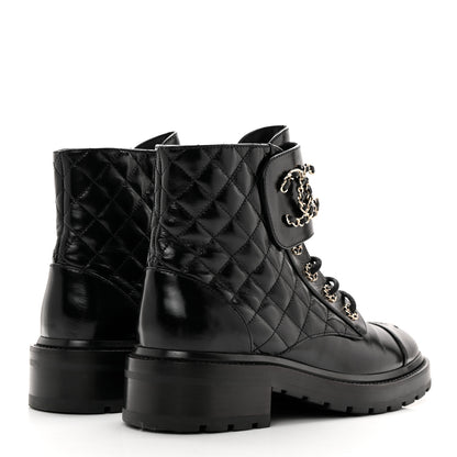Chanel Shiny Calfskin Quilted Lace Up Combat Boots 38.5 Black 4 of 9