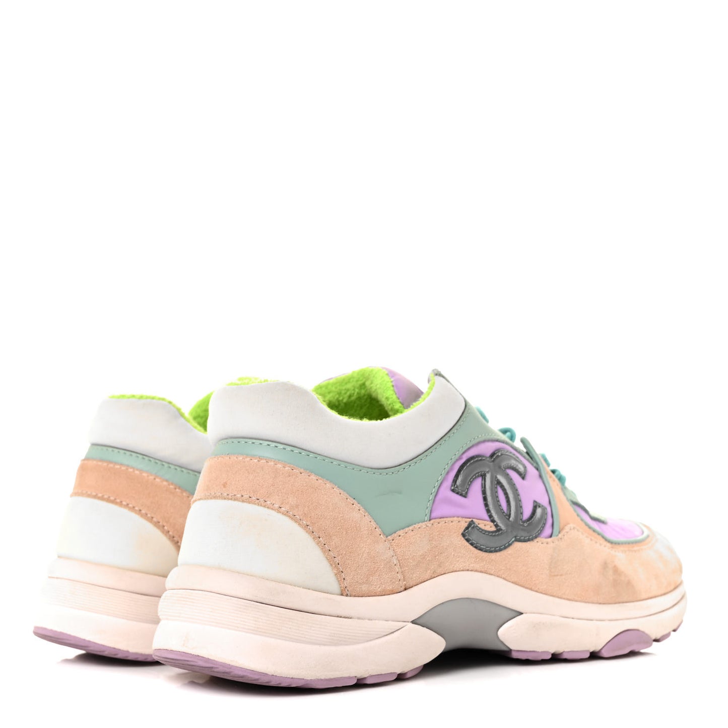 Nylon Lambskin Suede Calfskin CC Sneakers 37.5 Green Purple Pink