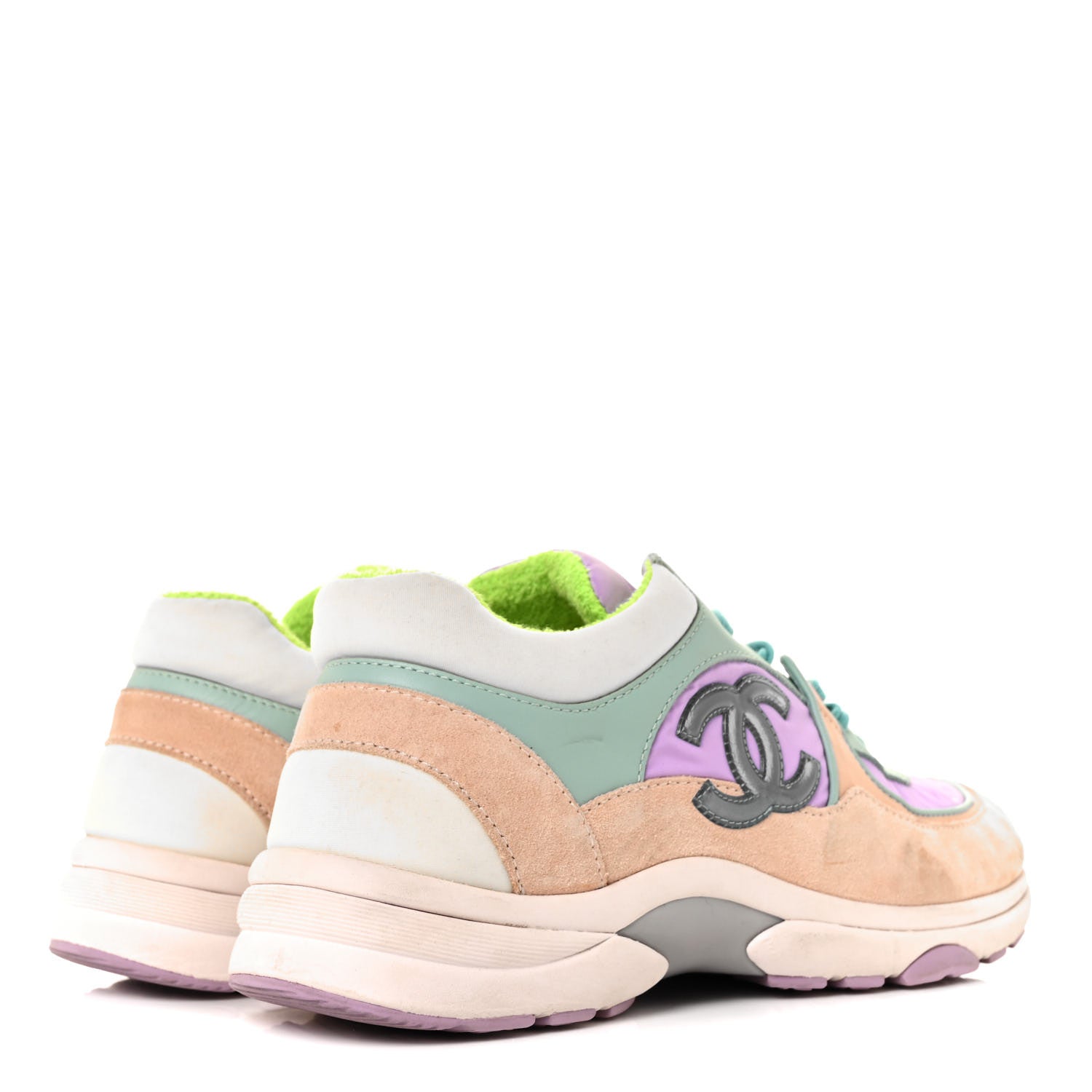 Chanel Nylon Lambskin Suede Calfskin CC Sneakers 37.5 Green Purple Pink 4 of 7